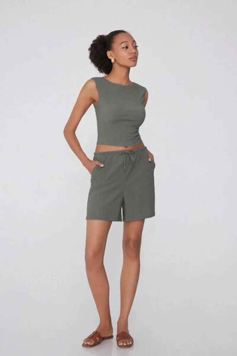 Tezenis Shorts Effetto Crepe con Coulisse Donna Verde Taglia S miniatura 2