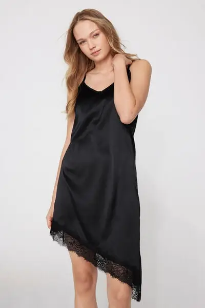 Sottoveste/Vestito Asimmetrica in Raso e Pizzo Donna Nero