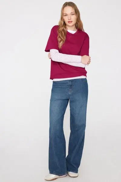 T-Shirt Girocollo in 100% Cotone Fiammato Donna Rosso