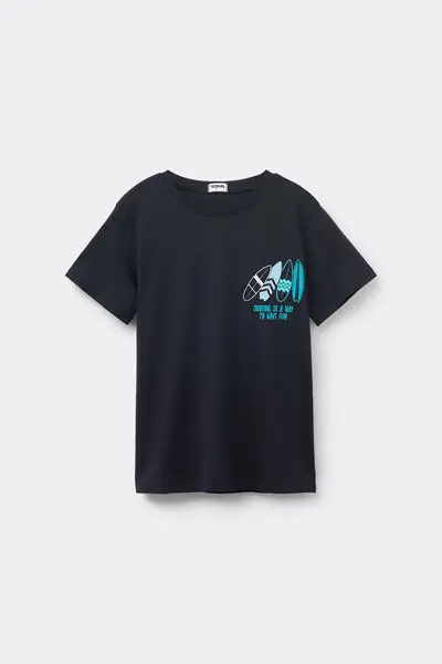 T-Shirt Girocollo in Cotone con Stampa Bambino Nero