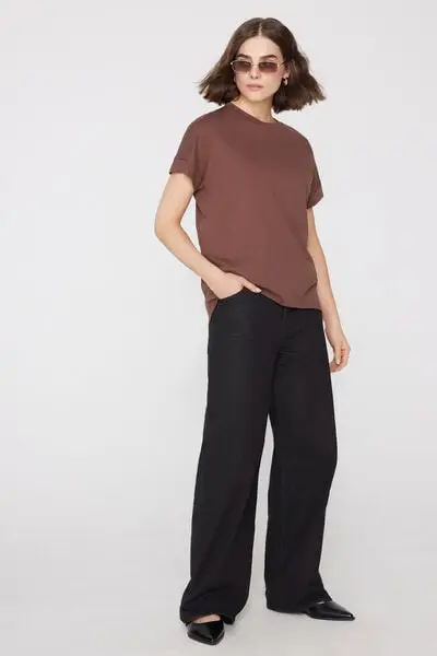 T-Shirt in Cotone con Risvolto Kimono Donna Marrone