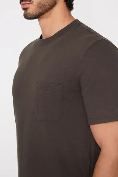 T-Shirt in Cotone Fiammato con Taschino Uomo Marrone miniatura 3
