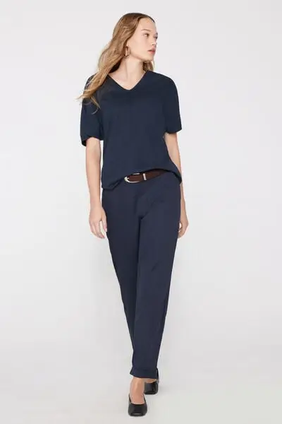 T-Shirt Scollo a V in 100% Cotone Fiammato Donna Blu