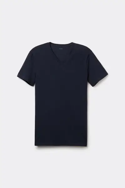 T-shirt Scollo a V in Cotone Elasticizzato Uomo Blu miniatura 2