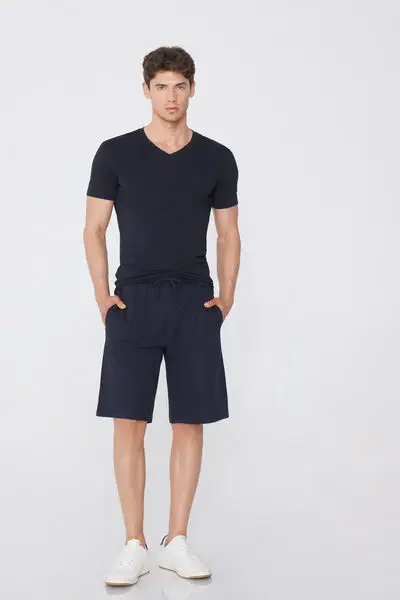 T-shirt Scollo a V in Cotone Elasticizzato Uomo Blu