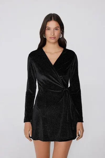Vestito a Portafoglio Velluto Rombi Glitter Donna Nero