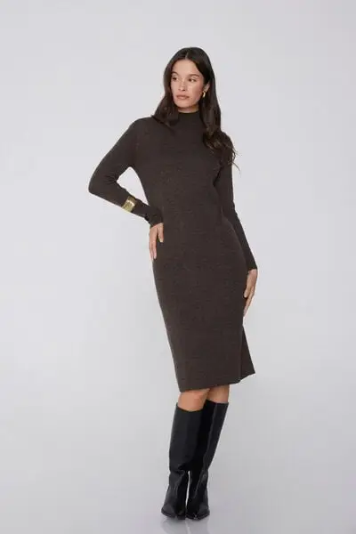 Vestito Lungo Collo Alto Costine con Lana Donna Marrone miniatura 3