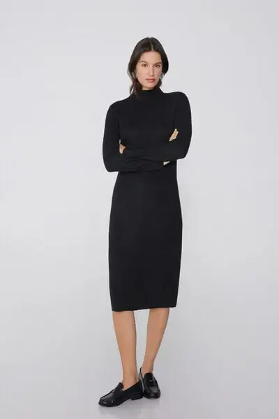 Vestito Lungo Collo Alto Costine con Lana Donna Nero miniatura 3