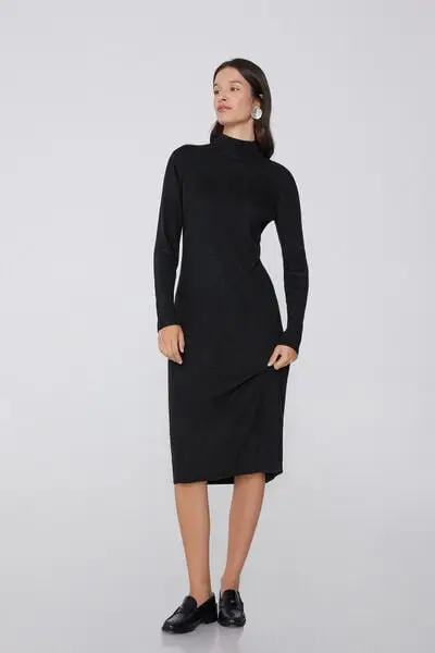 Vestito Lungo Collo Alto Costine con Lana Donna Nero