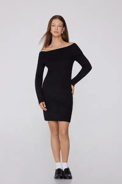 Vestito Midi Pesante Scollo Ciambella Costine Donna Nero miniatura 3