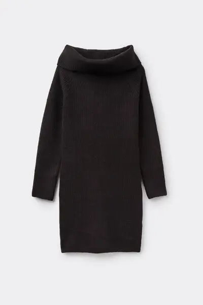 Vestito Midi Pesante Scollo Ciambella Costine Donna Nero