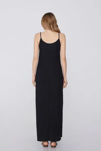 Vestito Midi Spalline Sottili Effetto Crepe Donna Nero miniatura 2