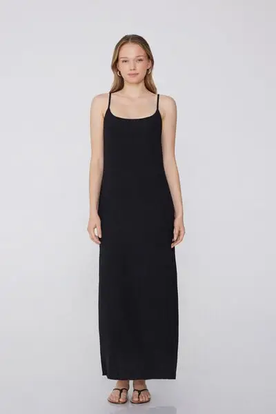 Vestito Midi Spalline Sottili Effetto Crepe Donna Nero