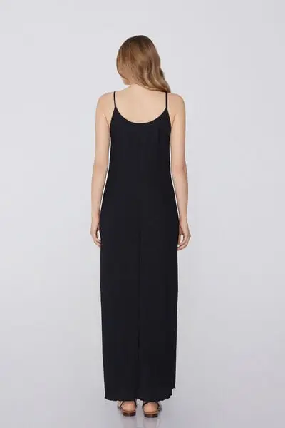 Vestito Midi Spalline Sottili Effetto Crepe Donna Nero miniatura 2