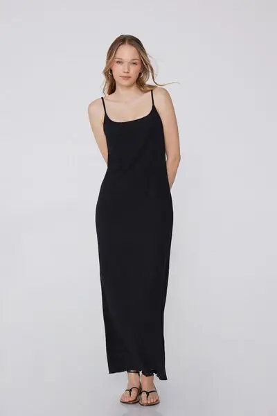 Vestito Midi Spalline Sottili Effetto Crepe Donna Nero miniatura 3