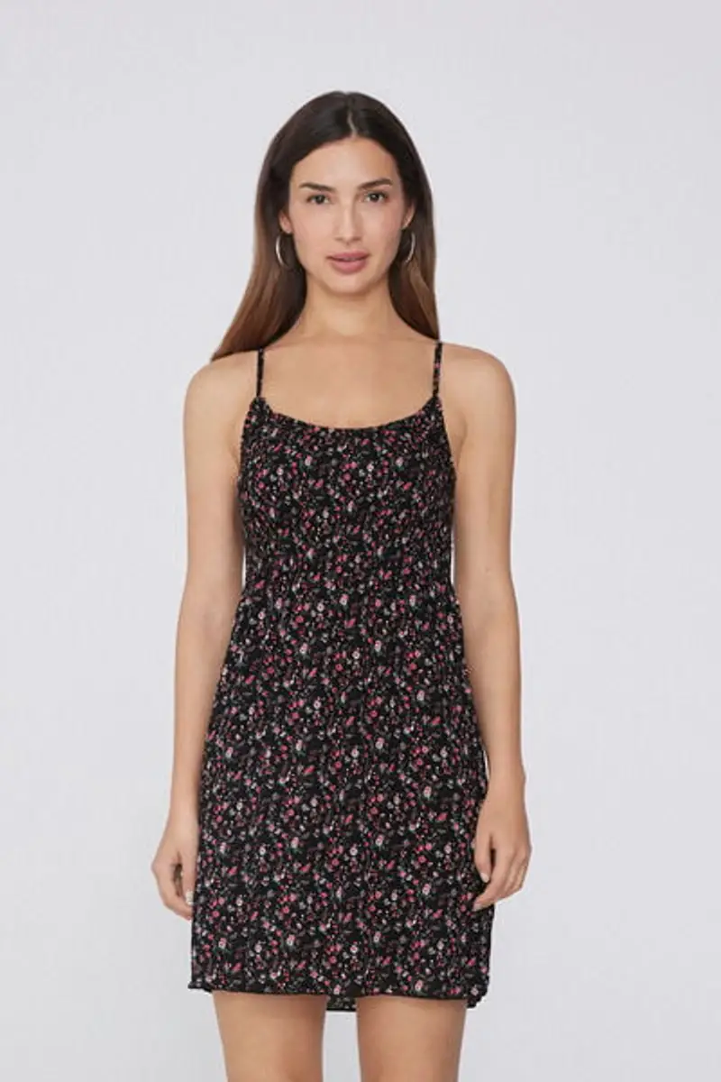 Tezenis Vestito Spalline Sottili Punto Smock in Viscosa Donna Nero Taglia L