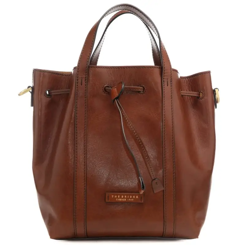 borsa a mano da donna in vera pelle con coulisse e tracolla in dotazione marrone oro