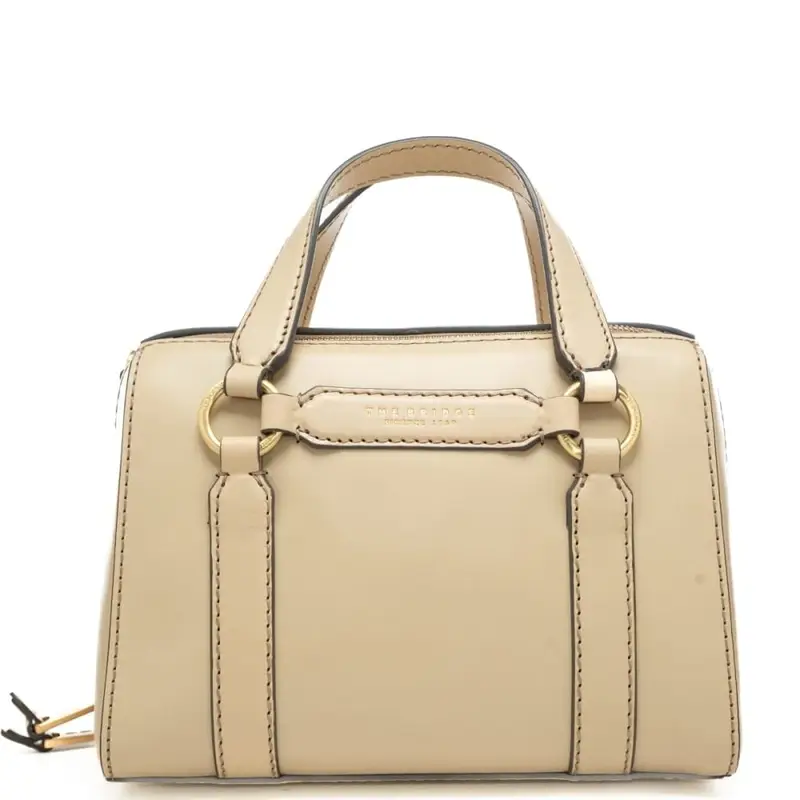 borsa a mano da donna in vera pelle con doppio manico e logo lettering stampato a fuoco sul davanti beige