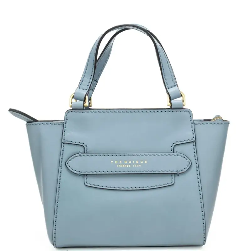 borsa a spalla da donna in vera pelle con doppio manico e logo lettering stampato a fuoco sul davanti azzurro