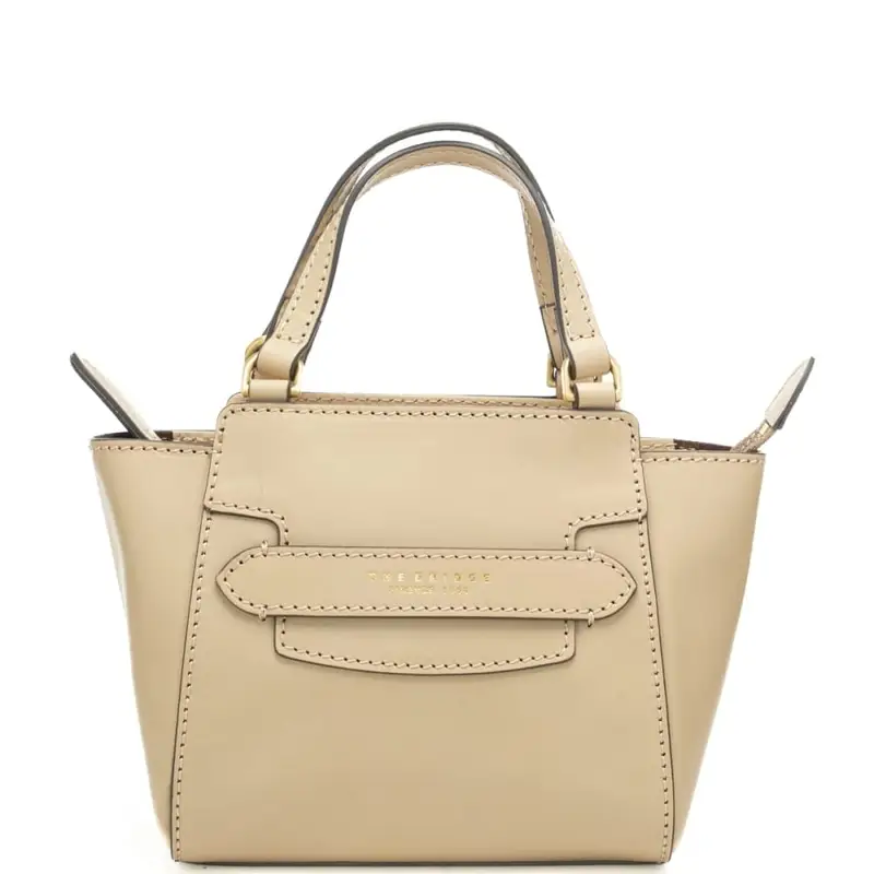 borsa a spalla da donna in vera pelle con doppio manico e logo lettering stampato a fuoco sul davanti beige