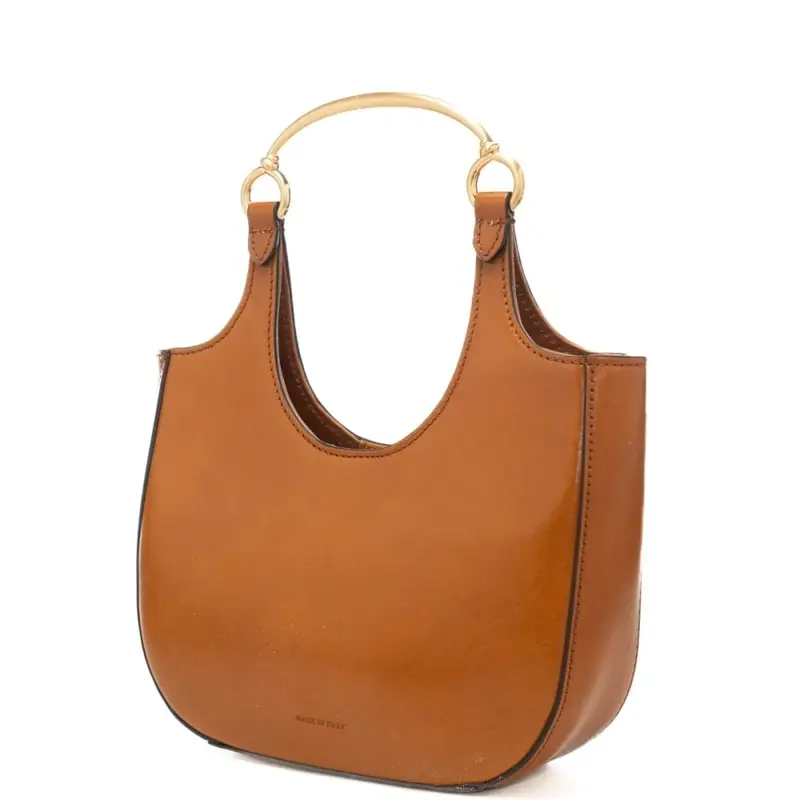 borsa a spalla da donna in vera pelle con manico in metallo dorato marrone miniatura 2