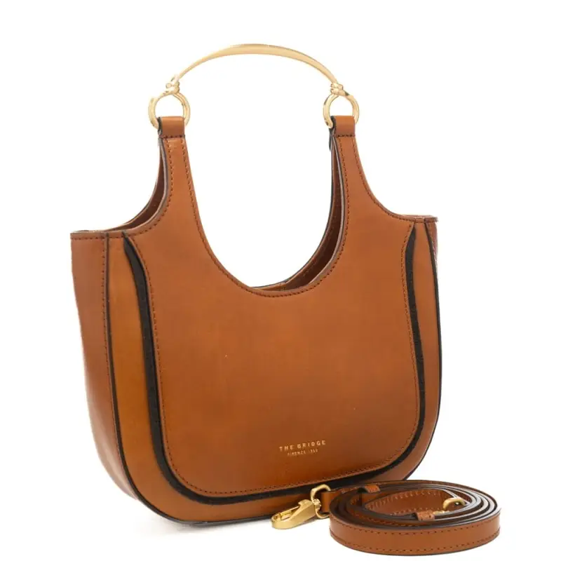 borsa a spalla da donna in vera pelle con manico in metallo dorato marrone miniatura 3