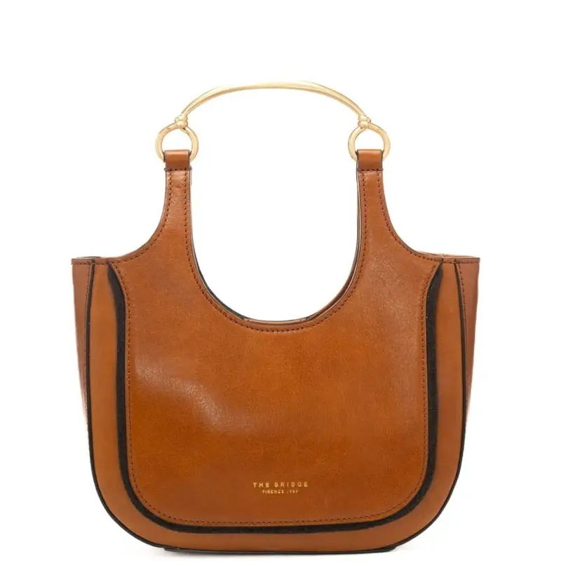 borsa a spalla da donna in vera pelle con manico in metallo dorato marrone