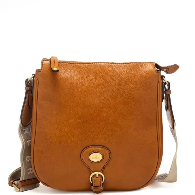 borsa a tracolla da donna in vera pelle bottalata con tracolla in tessuto e fibbia frontale marrone