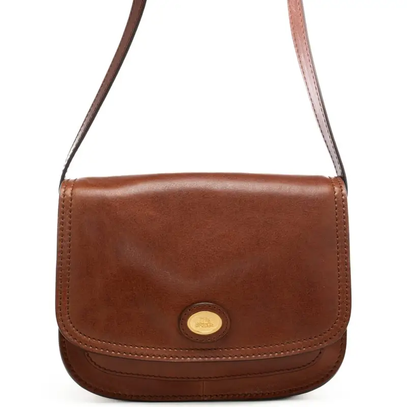 borsa a tracolla da donna in vera pelle con logo in metallo sul davanti marrone oro