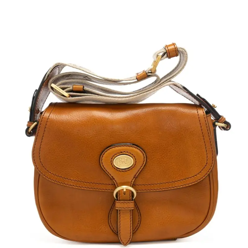 borsa a tracolla da donna in vera pelle con tracolla in tessuto e fibbia frontale cuoio