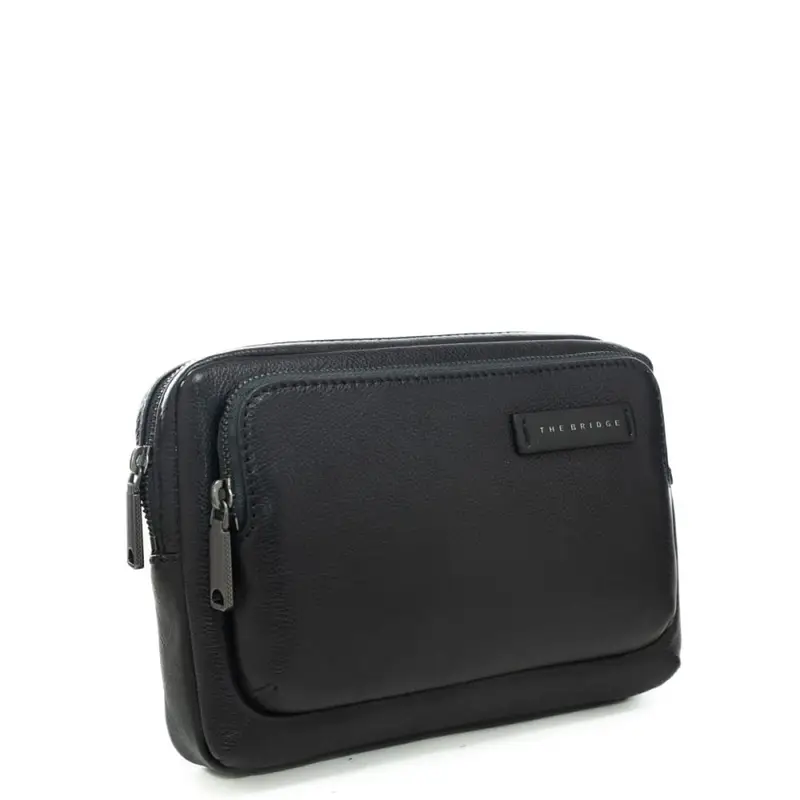 pochette da uomo in vera pelle con tasca esterna con zip nera miniatura 2