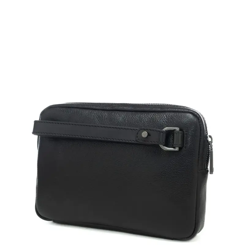 pochette da uomo in vera pelle con tasca esterna con zip nera miniatura 3