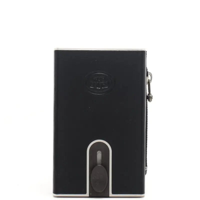 porta carte da uomo con sliding system, protezione rfid e tasca porta monete in pelle nera