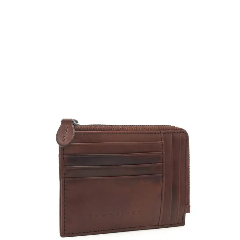 The Bridge portacarte da uomo con tasca porta monete con zip in vera pelle marrone cuoio miniatura 2