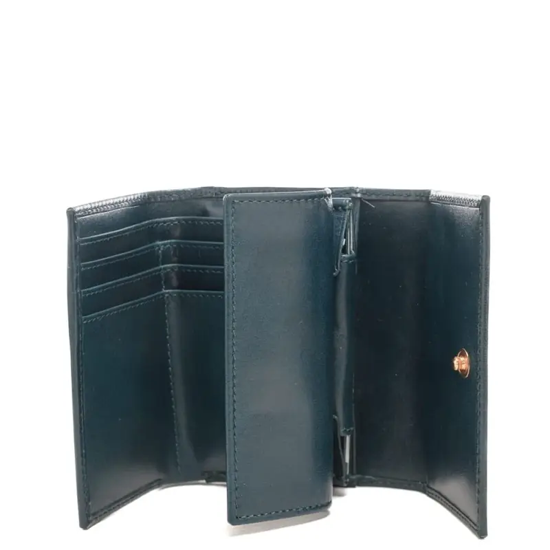 portafoglio a libro da donna in vera pelle con logo lettering stampato a fuoco sul davanti pavone miniatura 3