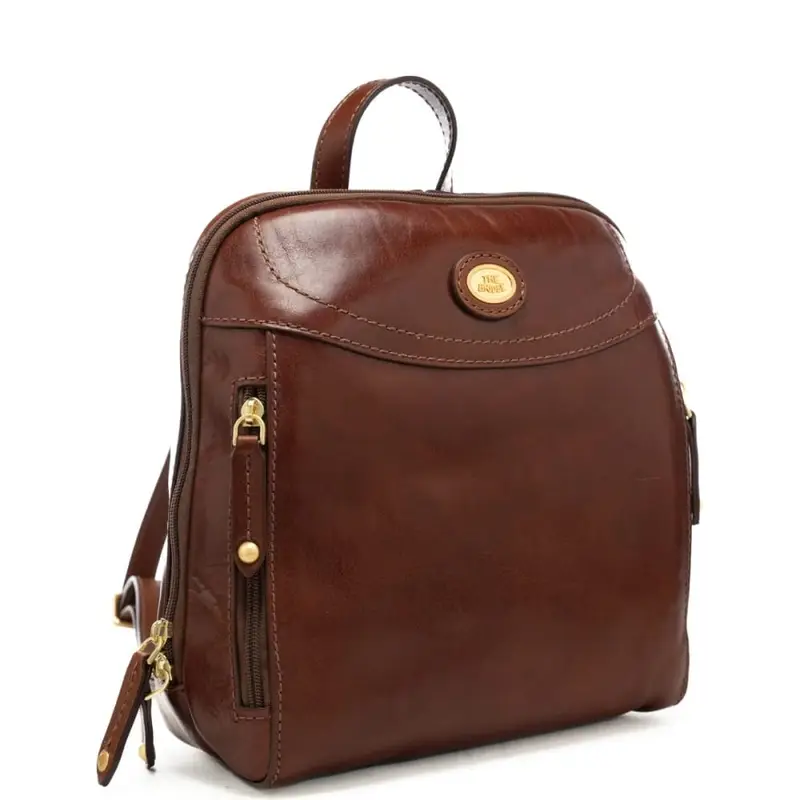 zaino da donna in vera pelle con targhetta logata in metallo e zip laterali cuoio miniatura 2