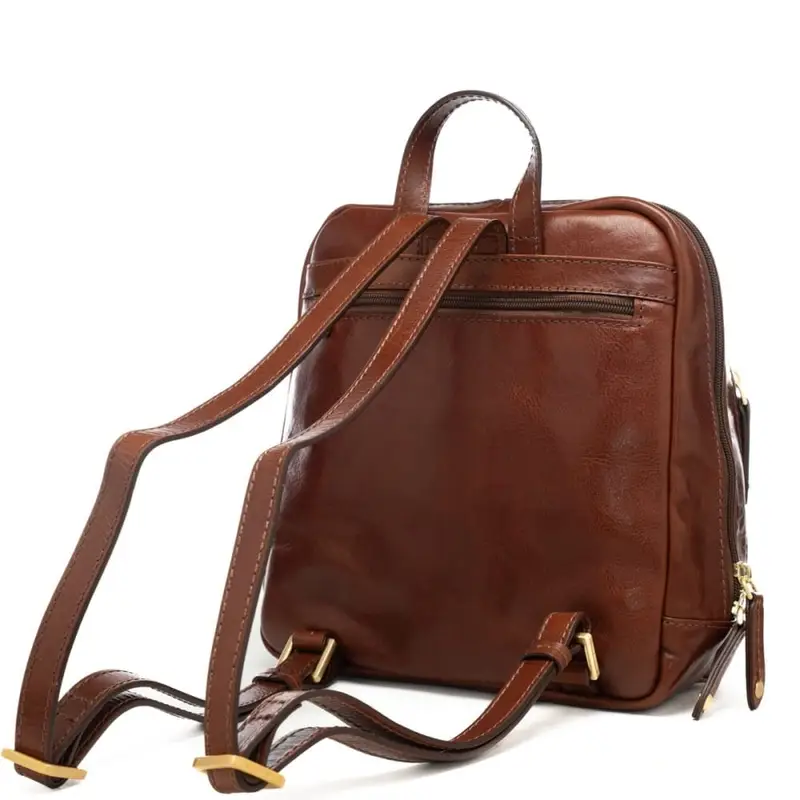 zaino da donna in vera pelle con targhetta logata in metallo e zip laterali cuoio miniatura 3