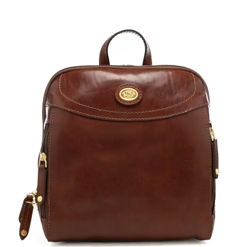 zaino da donna in vera pelle con targhetta logata in metallo e zip laterali cuoio