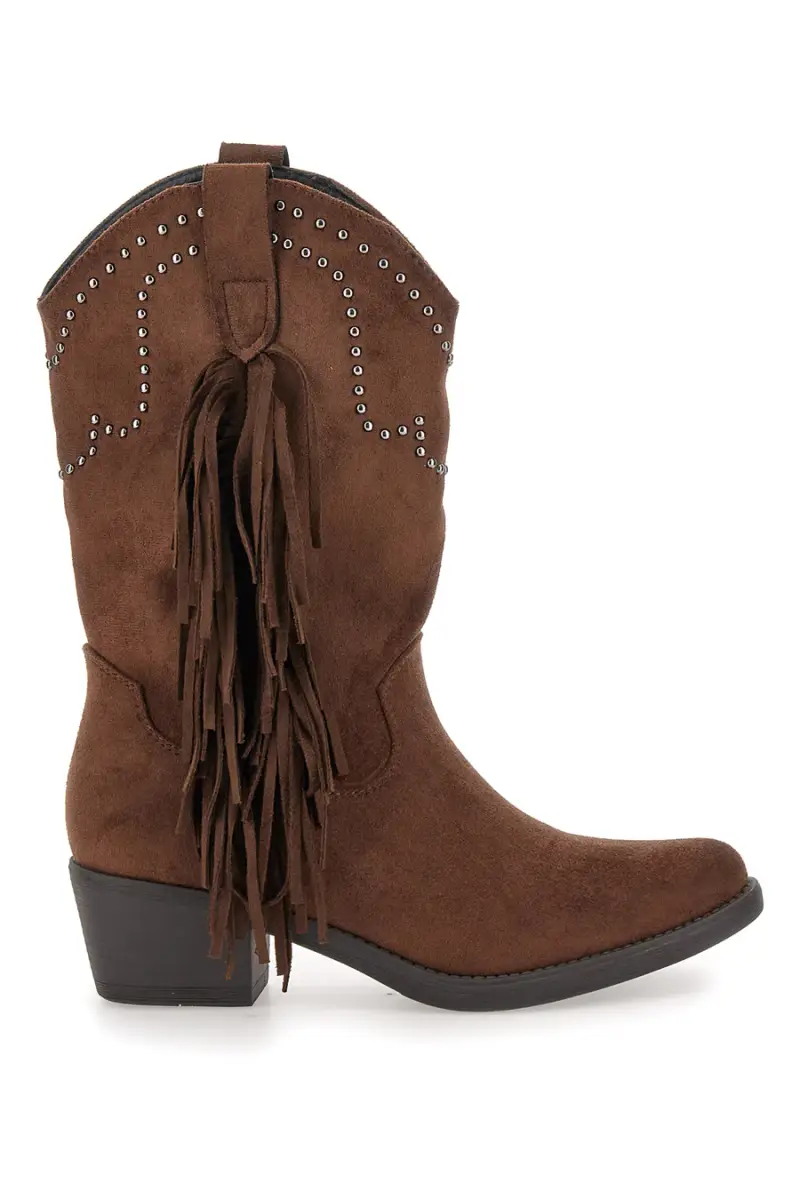 Stivali texani marroni con frange e borchie The First P637 [MARRONE]