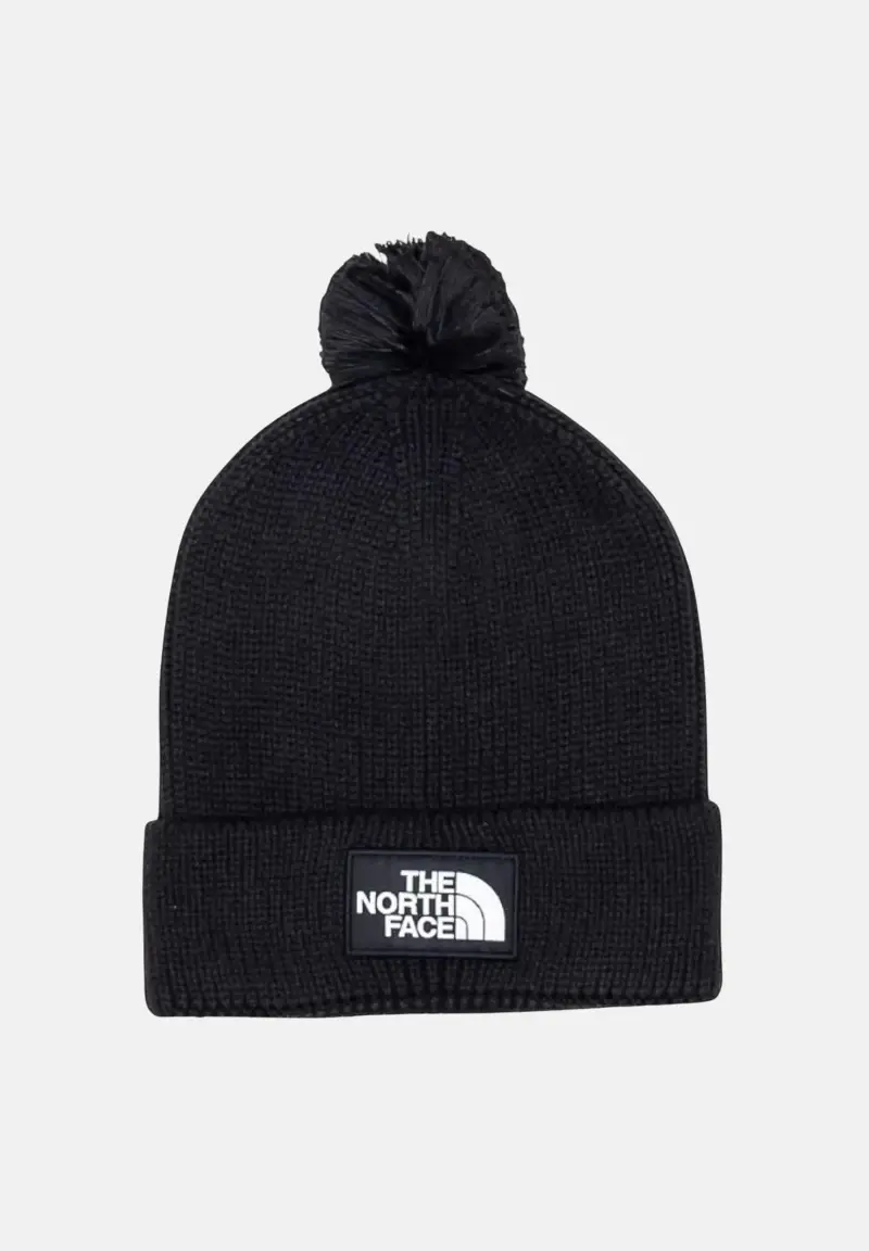 Berretto di lana nero per uomo e donna con pompon e riquadro con logo TNF