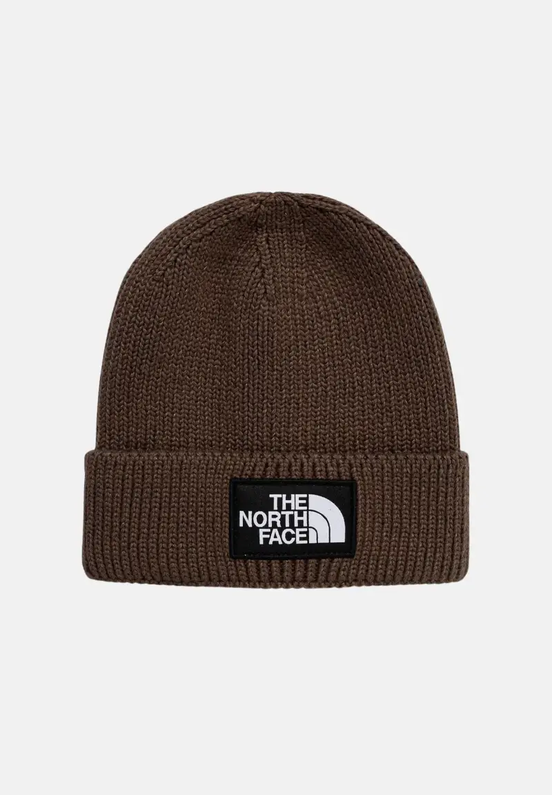 Berretto marrone per uomo e donna con risvolto e logo box TNF