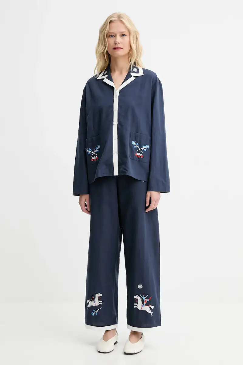 pantaloni in lino misto donna colore blu navy FW2402EP miniatura 2