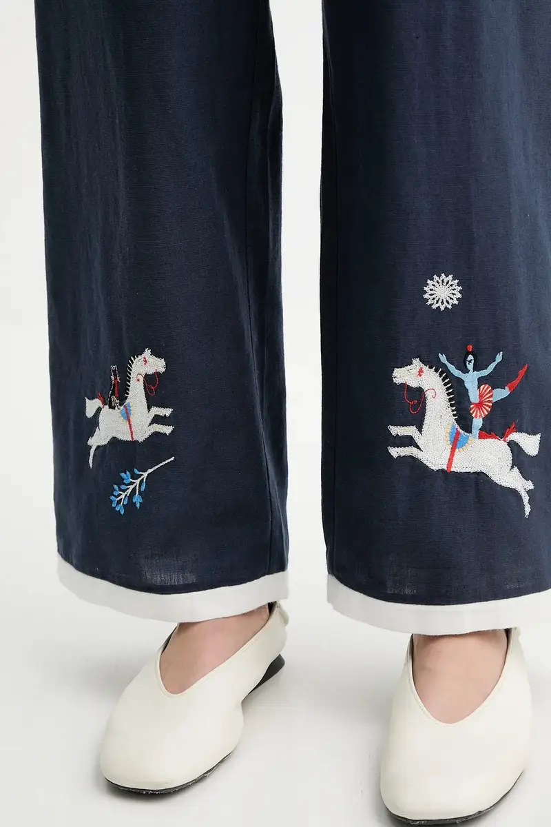 pantaloni in lino misto donna colore blu navy FW2402EP miniatura 4