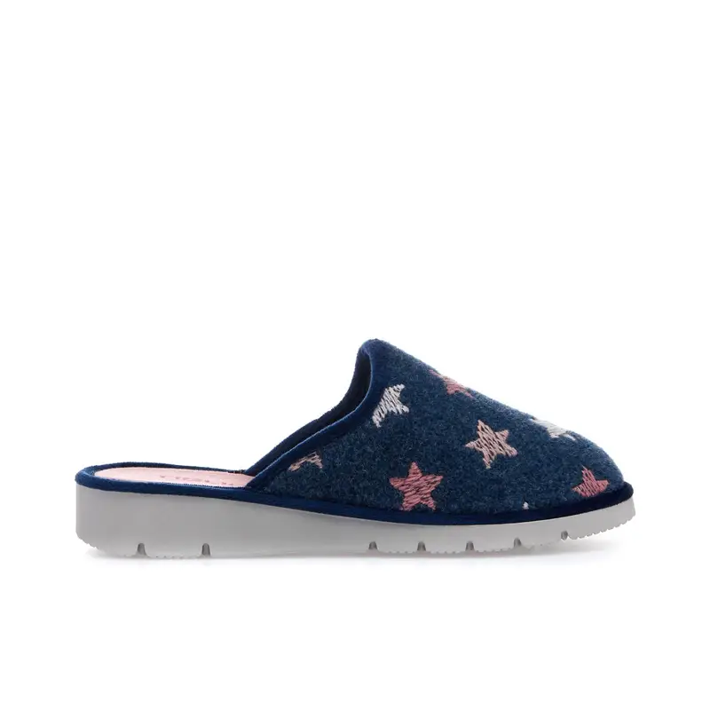 Ciabatte blu scuro da casa con stelle ricamate e zeppina