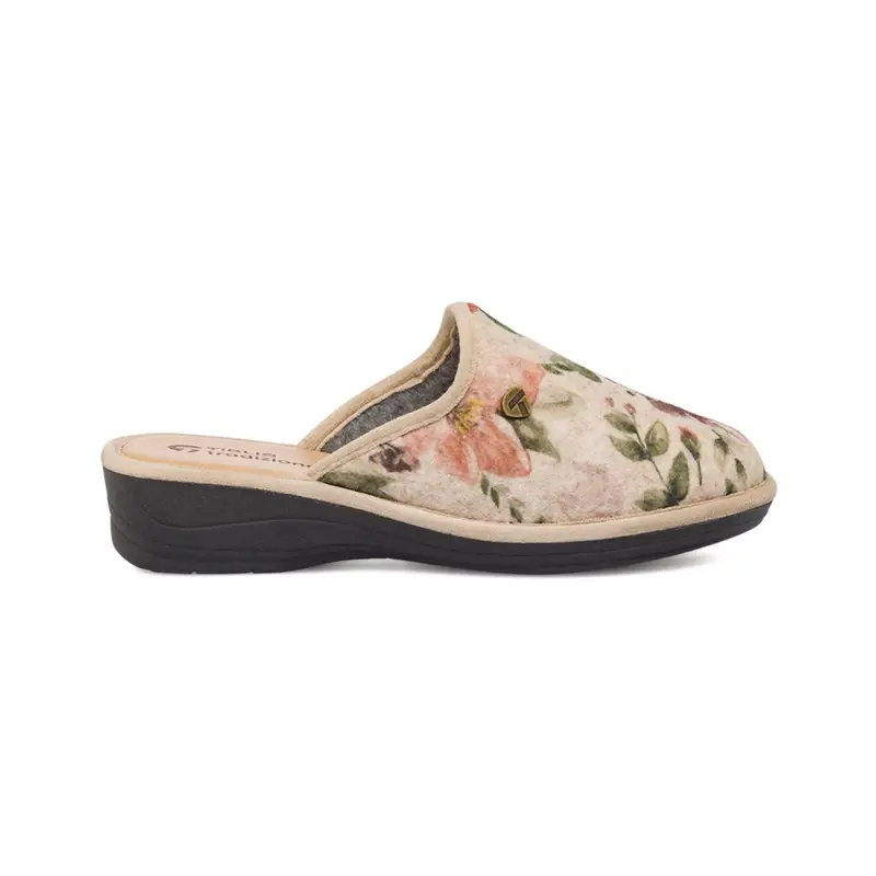 Ciabatte casa beige da donna con fantasia fiori e zeppina