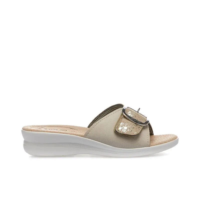 Ciabatte comfort beige con fibbia e zeppina