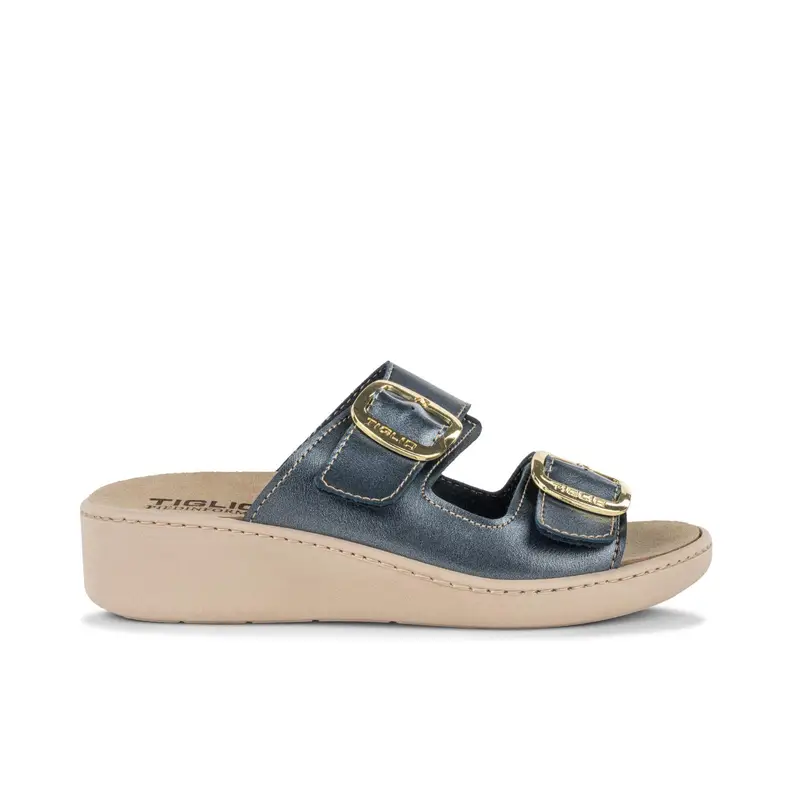 Ciabatte comfort blu da donna con fibbie e zeppina