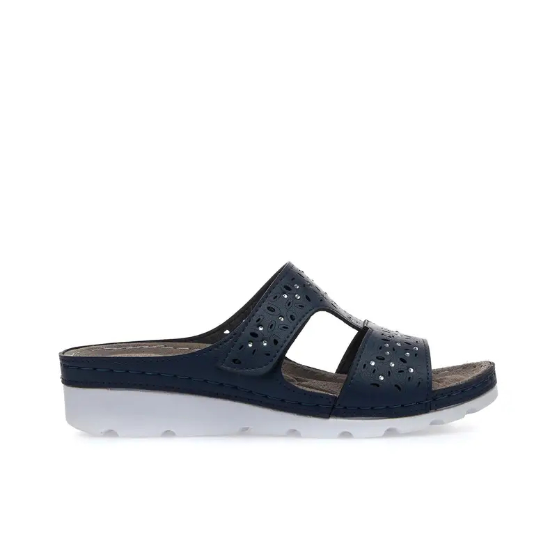 Ciabatte comfort blu da donna in pelle con zeppina
