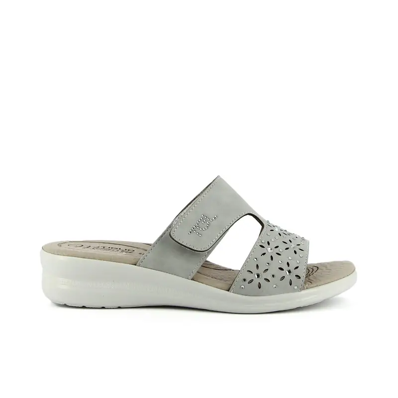 Ciabatte comfort grigie con velcro, strass e zeppina