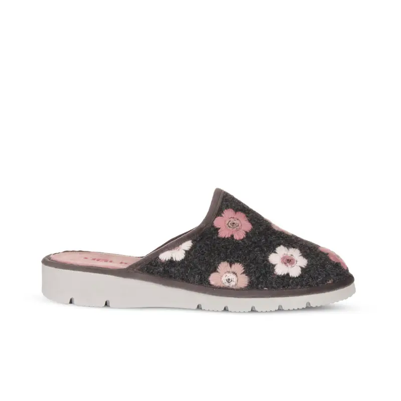 Ciabatte donna grigie da casa con fiori ricamati